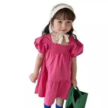 Летнее платье для маленьких девочек, платья с пышными рукавами и рюшами, повседневное плиссированное платье с квадратным вырезом, трапециевидные платья принцессы, детская одежда, От 3 до 8 лет 7