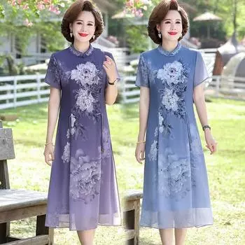Летнее платье для матери в китайском стиле, шифоновая юбка большого размера, элегантное и достойное платье XL фиолетовый