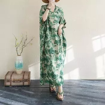 Летнее платье для отдыха в туристическом стиле с V-образным вырезом в стиле ретро средней длины свободного покроя из хлопка и льна one size