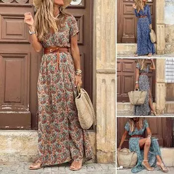 Летнее платье для отпуска с поясом, V-образным вырезом, короткими рукавами, узкой талией, пляжное M коричневый