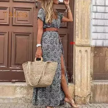 Летнее платье для отпуска с поясом, V-образным вырезом, короткими рукавами, узкой талией, пляжным макси-платьем с цветочным принтом и разрезом по низу, платье в стиле бохо M коричневый