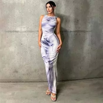 Летнее платье для похудения без рукавов для женщин из Европы и Америки с персонализированным принтом L фиолетовый