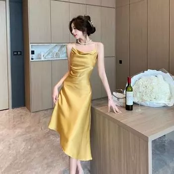 Летнее платье для похудения во французском стиле с поясом и подтяжками S чёрный