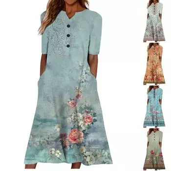 Летнее платье для женщин 2023, повседневное пляжное свободное платье с v-образным вырезом и короткими рукавами с принтом L синий