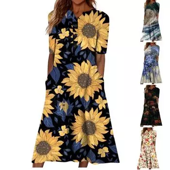 Летнее платье для женщин 2023, повседневное пляжное свободное платье с v-образным вырезом и короткими рукавами с принтом L бежевый