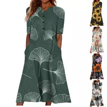 Летнее платье для женщин 2023, повседневное пляжное свободное платье с v-образным вырезом и короткими рукавами с принтом L