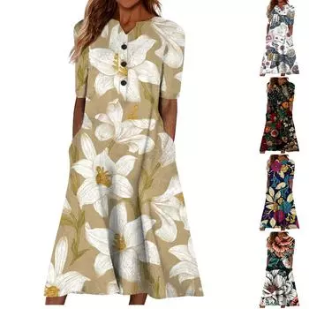 Летнее платье для женщин 2023, повседневное пляжное свободное платье с v-образным вырезом и короткими рукавами с принтом L