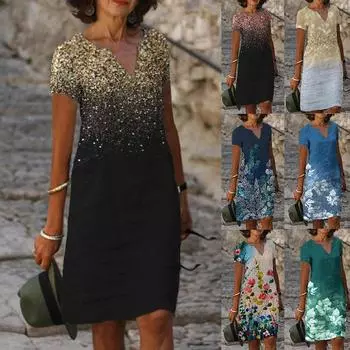 Летнее платье для женщин 2024, повседневное пляжное свободное платье с v-образным вырезом и короткими рукавами с принтом XXXXL