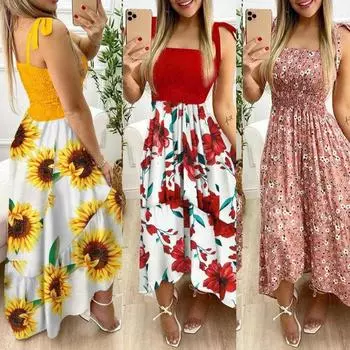 Летнее платье для женщин больших размеров, пляжный отдых, сексуальная юбка-бретелька с цветочным принтом, богемное повседневное мини-платье большого размера S жёлтый