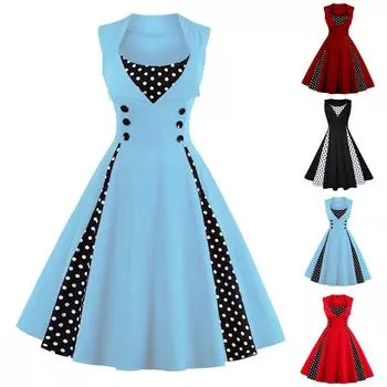 Летнее платье для женщин, модное облегающее повседневное платье в стиле ретро в горошек, платье без рукавов с лацканами, свободное платье XL красный