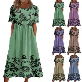 Летнее платье для женщин, повседневное пляжное свободное платье с короткими рукавами и принтом
