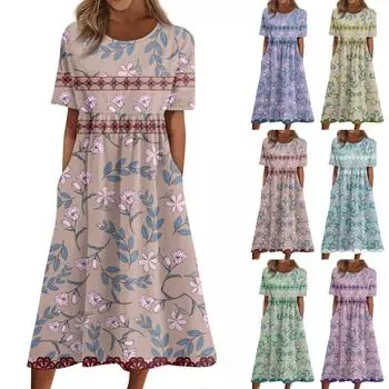 Летнее платье для женщин, повседневное пляжное свободное платье с короткими рукавами и принтом L