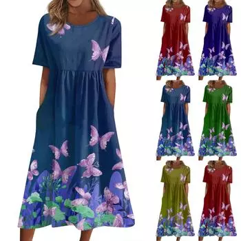 Летнее платье для женщин, повседневное пляжное свободное платье с короткими рукавами и принтом