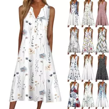 Летнее платье для женщин, повседневное пляжное свободное платье с v-образным вырезом и короткими рукавами с принтом L