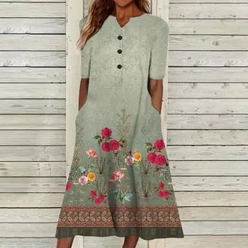 Летнее платье для женщин, повседневное пляжное свободное платье с v-образным вырезом и короткими рукавами с принтом L разноцветный