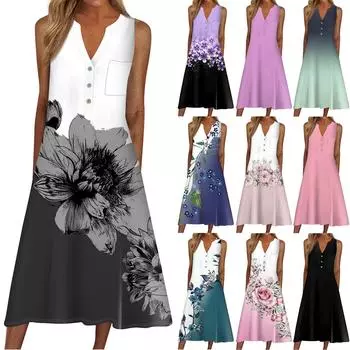 Летнее платье для женщин, повседневное пляжное свободное платье с v-образным вырезом и короткими рукавами с принтом L чёрный