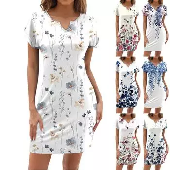 Летнее платье для женщин, повседневное пляжное свободное платье с v-образным вырезом и короткими рукавами с принтом L синий