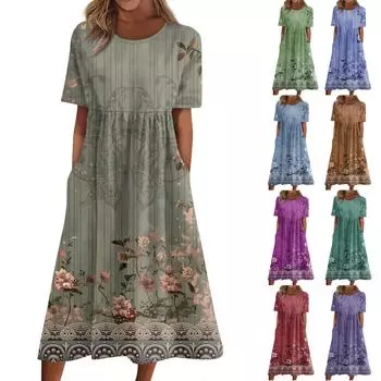 Летнее платье для женщин, повседневное пляжное свободное платье с короткими рукавами и принтом
