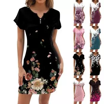 Летнее платье для женщин, повседневное пляжное свободное платье с v-образным вырезом и короткими рукавами с принтом L чёрный