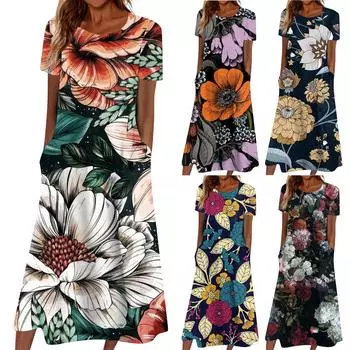 Летнее платье для женщин, повседневное пляжное свободное платье с v-образным вырезом и короткими рукавами с принтом XXL чёрный