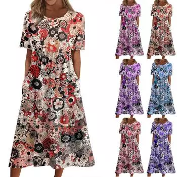 Летнее платье для женщин, повседневное пляжное свободное платье с короткими рукавами и принтом L синий