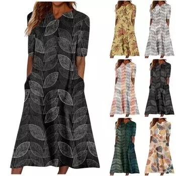 Летнее платье для женщин, повседневное пляжное свободное платье с v-образным вырезом и короткими рукавами и карманами на пуговицах с цветочным принтом L