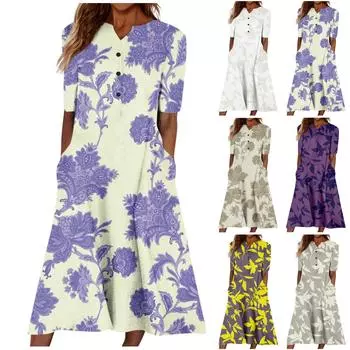 Летнее платье для женщин, повседневное пляжное свободное платье с v-образным вырезом и короткими рукавами и карманами на пуговицах с цветочным принтом XXXL серый
