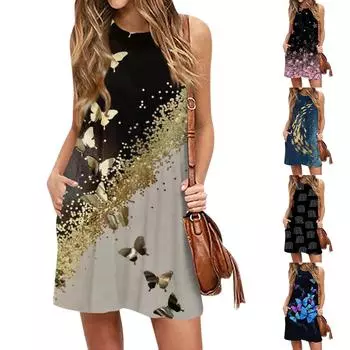 Летнее платье для женщин, повседневное пляжное свободное платье с v-образным вырезом и короткими рукавами с принтом XXL синий