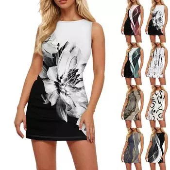 Летнее платье для женщин, повседневное пляжное свободное платье без рукавов с v-образным вырезом и принтом M чёрный