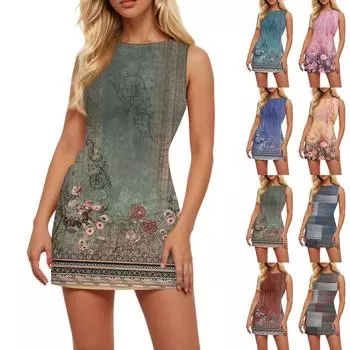 Летнее платье для женщин, повседневное пляжное свободное платье без рукавов с v-образным вырезом и принтом L армия зеленый