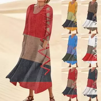 Летнее платье для женщин, повседневное удобное модное платье с карманом и рукавами 3/4 с принтом One size чёрный