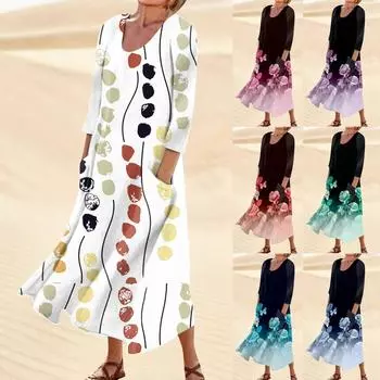Летнее платье для женщин, повседневное удобное модное платье с карманом и рукавами 3/4 с принтом XXXXL