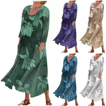 Летнее платье для женщин, повседневное удобное модное платье с карманом и рукавами 3/4 с принтом L синий