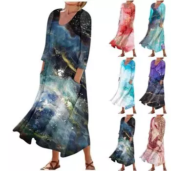 Летнее платье для женщин, повседневное удобное модное платье с карманом и рукавами 3/4 с принтом XXXXL циан