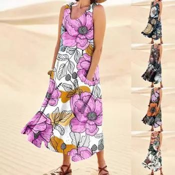 Летнее платье для женщин, повседневное удобное хлопковое платье без рукавов с принтом и карманом L чёрный