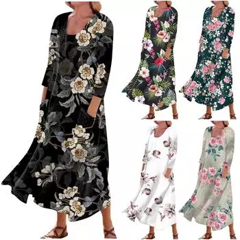 Летнее платье для женщин, повседневное удобное модное платье с карманом и рукавами 3/4 с принтом XXL серый