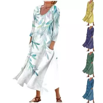 Летнее платье для женщин, повседневное удобное модное платье с карманом и рукавами 3/4 с принтом L синий