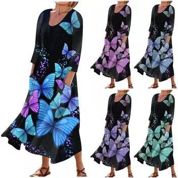 Летнее платье для женщин, повседневное удобное модное платье с карманом и рукавами 3/4 с принтом L синий