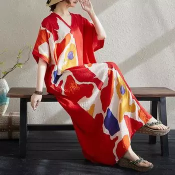 Летнее платье Fat Mm из тонкого хлопкового льна с V-образным вырезом и короткими рукавами, контрастное сращивание средней длины для женщин, платья one size