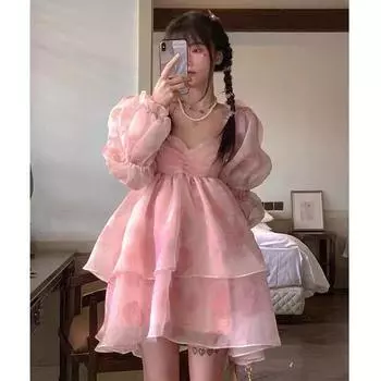 Летнее платье феи принцессы с длинными рукавами и солнцезащитным кремом, пышное платье, темпераментное модное телесное тонкое платье, короткое платье принцессы на день рождения S розовый