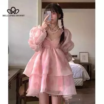 Летнее платье феи принцессы с длинными рукавами и солнцезащитным кремом, пышное платье, темпераментное модное телесное тонкое платье, короткое платье принцессы на день рождения S розовый