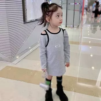 Летнее платье-футболка для маленьких девочек, пуловер с открытыми плечами, топы, платье-футболка, повседневное платье с круглым вырезом и длинными рукавами, детская одежда, От 3 до 8 лет 7