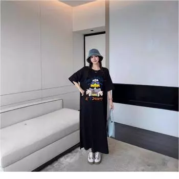 Летнее платье-футболка Lazy с круглым вырезом, свободное, большого размера, темпераментное, утягивающее женское платье M чёрный