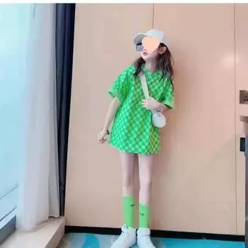 Летнее платье-футболка средней длины с короткими рукавами для девочек, повседневные топы с круглым вырезом для детей среднего и большого возраста 160 зелёный