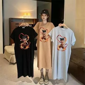 Летнее платье-футболка свободного размера большого размера с коротким рукавом, женское длинное платье с разрезом M белый