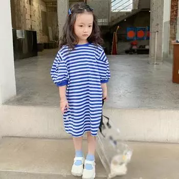 Летнее платье-футболка в полоску для маленьких девочек, длинный пуловер, топы, платье-футболка, повседневное платье с круглым вырезом и половиной рукавов, детская одежда, От 3 до 8 лет 11
