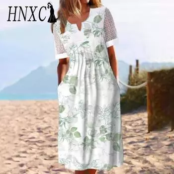 Летнее платье HNXC с карманами, анти-пиллинг, популярный цветочный принт, коктейльная туника, длинная, уличная, нарядная одежда S белый