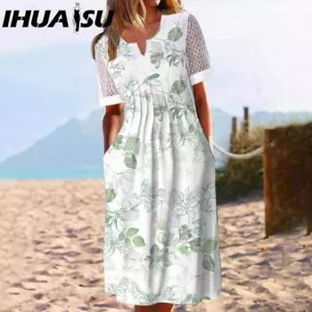 Летнее платье HNXC с карманами, анти-пиллинг, популярный цветочный принт, коктейльная туника, длинная, уличная, нарядная одежда S белый