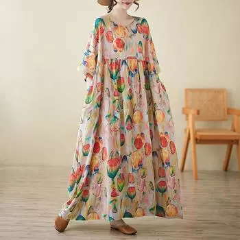 Летнее платье из хлопка и конопли с принтом в стиле ретро с круглым вырезом, плечами и рукавами, большие свободные платья для женщин one size