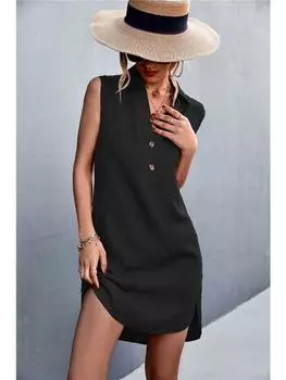 Летнее платье из хлопка и льна с V-образным вырезом, застегивающееся на пуговицы, без рукавов и разрезом S чёрный